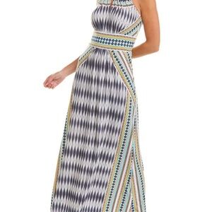 London Times Blue Green White Tribal Geometric Halter Maxi Dress Keyhole Sz 12